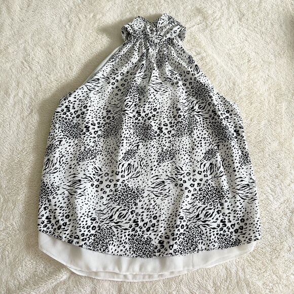 Tahari Blouse Size Medium Animal Print Black White Halter High Neck - Picture 2 of 8